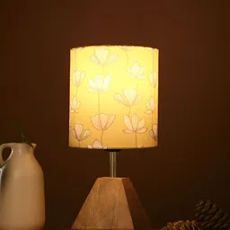 green girgit Brown & Mustard Floral Printed Cylindrical Shaped Wooden Table Lamp With Bulb-29