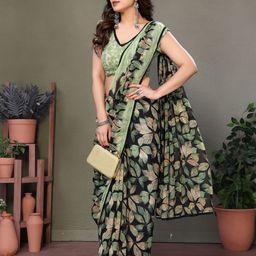 VELVINE Floral Poly Chiffon Block Print Saree-image-88