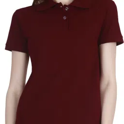 women polo t shirt plain Women Solid Polo Neck Cotton Blend Maroon T-Shirt-image-46