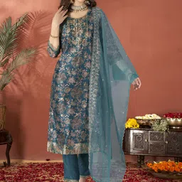 Anouk Teal Floral Embroidered Sequinned Organza Straight Kurta With Trouser & Dupatta-31