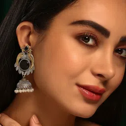 Priyaasi Gold-Plated Stone Studded & Beaded Dome Shaped Oxidised Jhumkas Earrings-26