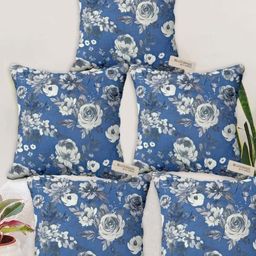 Blue Grass Blue & Brown 5 Piece Floral Velvet Square Cushion Covers-image-84