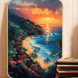 Myntra Elegant Homes Green & Blue Tropical Sunset Beach Wooden Wall Art-image-73