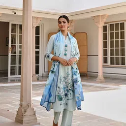 KARAJ JAIPUR Women Floral Printed Regular Kurta with Palazzos & With Dupatta-image-26