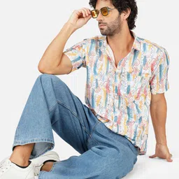 BASE 41 Men Spread Collar Geometric Printed Casual Shirt-image-17