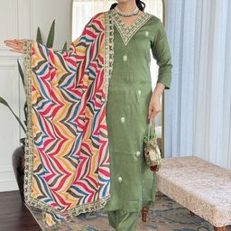 Fashion Care Navlik Floral Embroidered V-Neck Straight Kurta With Trousers & Dupatta-33