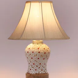 Devansh Off White & Red Textured Wooden Frustum Shaped Table Lamp With Mosaic Glass Base image 4