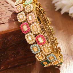 Rubans Set of 2 24K Gold-Plated Multicolour AD Stone & Pearl Studded Handcrafted Bangles-picture-12
