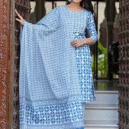 HERE&NOW Geometric Printed Pure Cotton Straight Kurta With Salwar And Dupatta-41