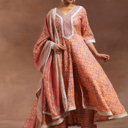 Libas Ethnic Motifs Printed Zari Panelled A-Line Kurta With Trouser & Dupatta image 1
