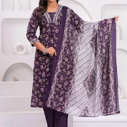 PARTHVI Floral Printed V Neck Pure Cotton Kurta With Trousers & Dupatta-picture-43
