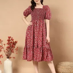 Pinly Women Floral Printed Puff Sleeve Crepe Fit & Flare Dress-picture-41