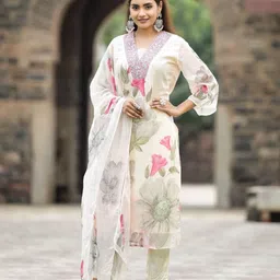 Divyadham Textiles Women Floral Embroidered Work Kurta with Trousers & With Dupatta-image-2