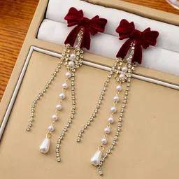 Celestique CZ Studded & Pearls Beaded Bow Shaped Korean Tasselled Drop Earrings-27