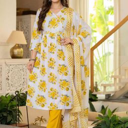 Dholiwal Fashion Women Floral Printed Cotton Kurta with Trousers & Dupatta-56