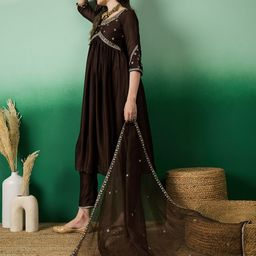 Sangria Sequence Embroidered Round Neck A-Line Kurta Trouser With Dupatta Set image 5