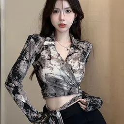 StyleCast x Revolte Women Abstract Printed Waist Tie-Ups Shirt Collar Crop Wrap Top-31