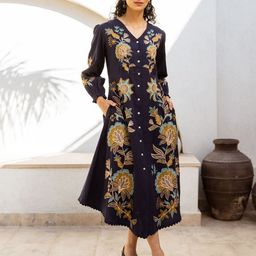ZUMMER Women Floral Embroidered Puff Sleeves Cotton Shirt Midi Dress-image-102