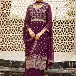 WOMEN PLUS Ethnic Motifs Embroidered Straight Kurta & Trousers With Dupatta-picture-1