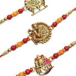 MEIRA JEWELLERY Set Of 3 Stone-Studded & Beaded Rakhi With Greeting Card Gift Set-image-59