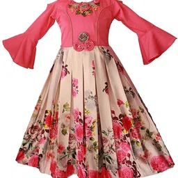 My Lil Princess Girl's Floral Printed Embellished Bell Sleeve Fit- Flare Maxi Dress-picture-22