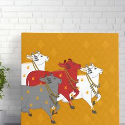 Livin'luxe Mustard & White Canvas Pichwai Cow Painting Wall Art-picture-6