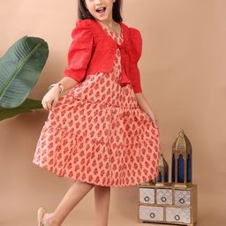 Sangria Girls Floral Printed Cotton Fit & Flare Katha Dress With Hakoba Jacket-image-74