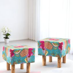 Ikiriya 2-Pcs Green & Pink Printed Wooden Square Ottomans-25
