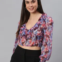 MINOS Women Floral Print Smocked Ruffled Blouson Crop Top-image-51