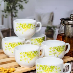Cello White & Green Floral Printed Opalware Glossy Cups Set of Cups and Mugs-34