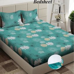 Arrabi Green & Black Floral 300 TC King Bedsheet with 2 Pillow Covers-image-92