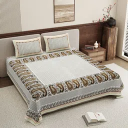 BELLA CASA Green & White Ethnic Motifs 250 TC King Bedsheet with 2 Pillow Covers-picture-28