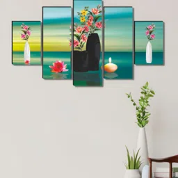 Myntra Elegant Homes Green & Red 5 Pieces Flower Pot Wooden Wall Art-image-99