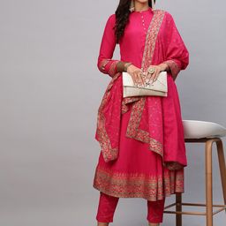 GoSriKi Bandhani Printed Mandarin Collar Anarkali Kurta with Trousers & Dupatta-picture-46