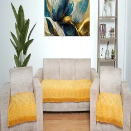 Fashion Throw Yellow 3 Pieces Self Design 5 Seater Velvet Sofa Covers-image-45