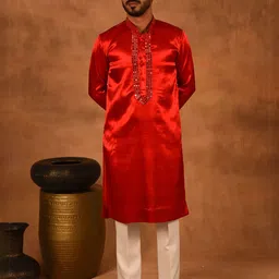Laalzari Men Embroidered Regular Mirror Work Pure Silk Kurta with Trousers-picture-0