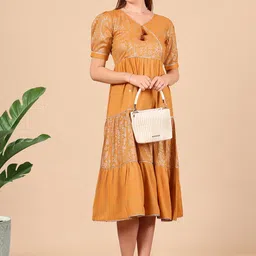 True Shape Women Print Jacquard Fit & Flare Puff Sleeves Dress-image-64