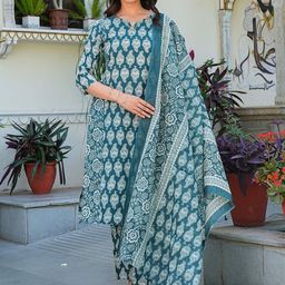 SHIFORY Floral Printed Pure Cotton Straight Kurta With Trousers & Dupatta-image-77