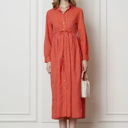 Zenava by Myntra Women Striped Print Shirt Collar Midi Dress-image-82
