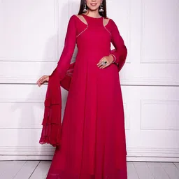 ODETTE Embellished Beads and Stones Georgette A-Line Ethnic Dress With Dupatta-image-55