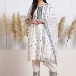 Sangria Floral Printed Thread Work Straight Kurta With Trouser And Dupatta-image-45
