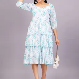 JC4U  Women Floral Printed Puff Sleeves Fit and Flare Midi Dress-image-20