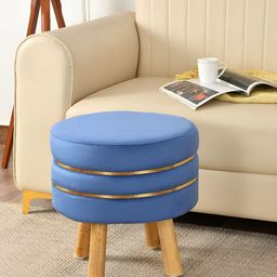 NACIA Blue Round Shaped Wooden & Velvet Ottoman Pouffes Stool-image-6