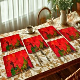 THE HOME CO. Set Of 6 Red Printed Enamel Square Wooden Coasters-77