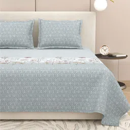 DREAM WEAVERZ Grey & White Floral Pure Cotton 220 TC King Bedsheet Set-2.75 m x 2.55 m-image-59