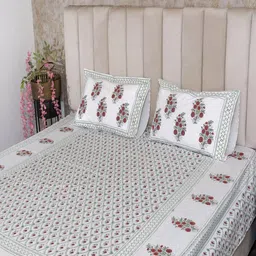 Hawamahal Grey & Green Floral 350 TC King Bedsheet with 2 Pillow Covers-image-8