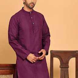 Anouk Purple Men Geometric Chikankari Band Collar Straight Pure Cotton Kurta-image-25