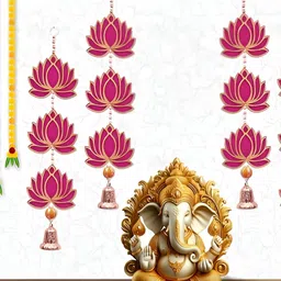 Perpetual 4-Pcs Pink & Yellow Wooden Lotus Hanging Toran Festive Decor-image-22
