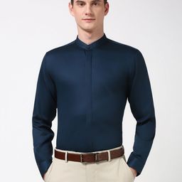 Peter England Men Slim Fit Band Collar Solid Cotton Formal Shirt-picture-39