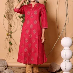 Chandbaali Floral Printed Mandarin Collar A-Line Zari Cotton Kurta-46